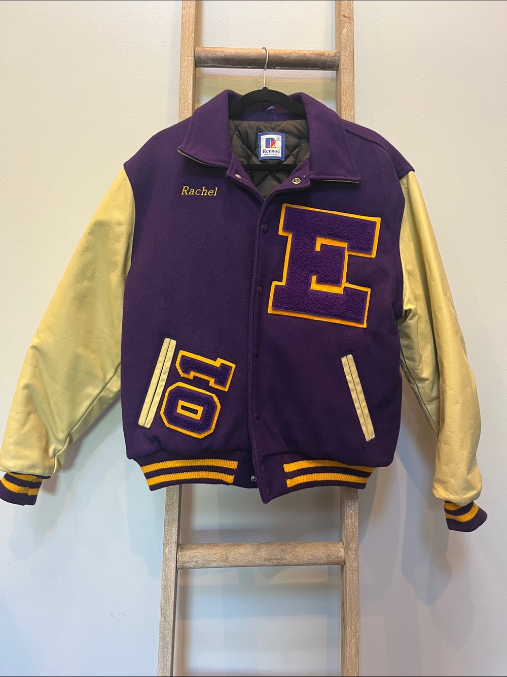 Vintage Rennoc Letterman Jacket size Large (44-46) Purple Gold Felt Leather